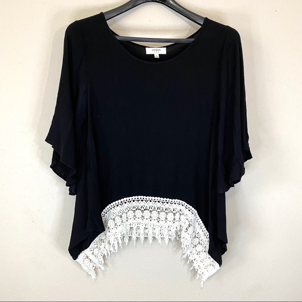 Umgee Black Top Crocheted Lace Short Bell Sleeves